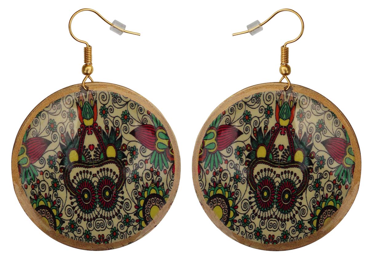 2.5” Pair of Round Hook Earrings in Brass -Colorful Ethic Motif Pattern - Drop Earrings / Women Fashion Jewelry - Buy in Bulk Wholesale